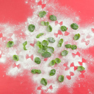 Basil leaves, flour and Farfalle pattern on red fabric Basil leaves, flour and Farfalle pattern on red fabric